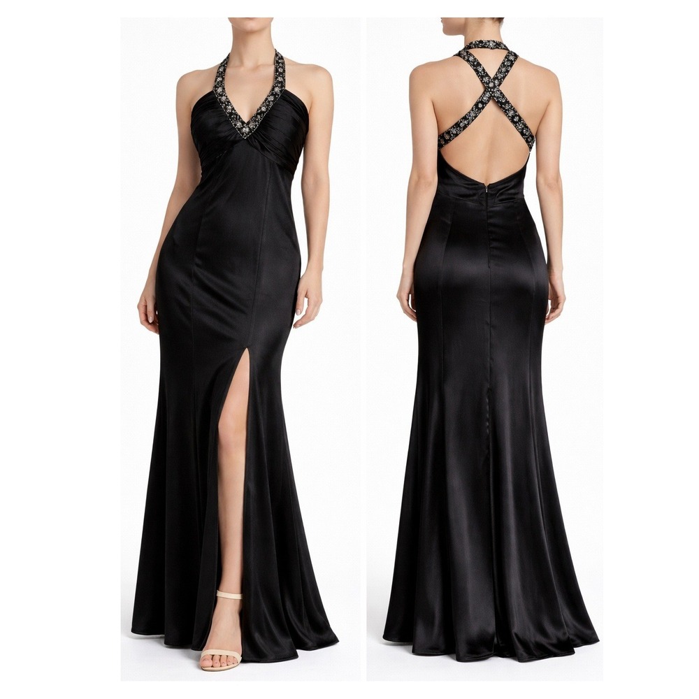 Maggie Sottero Beaded Prom Dress Satin Halter Open Back Evening Gown XS Glam